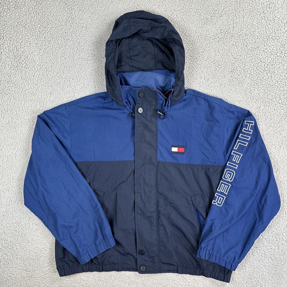 VTG Tommy Hilfiger Windbreaker Jacket Men Large Blue Colorblock Spellout Logo